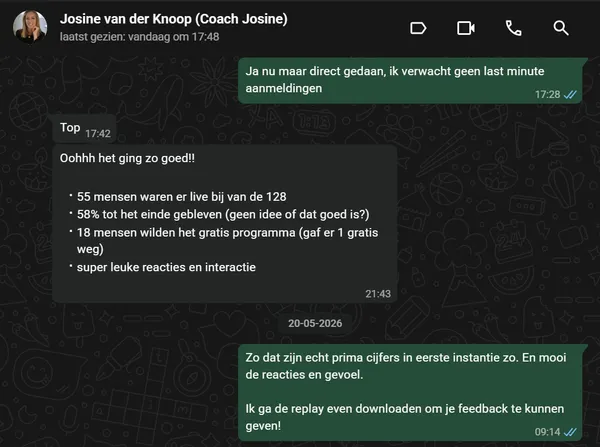 WhatsApp bericht Josine over resultaten